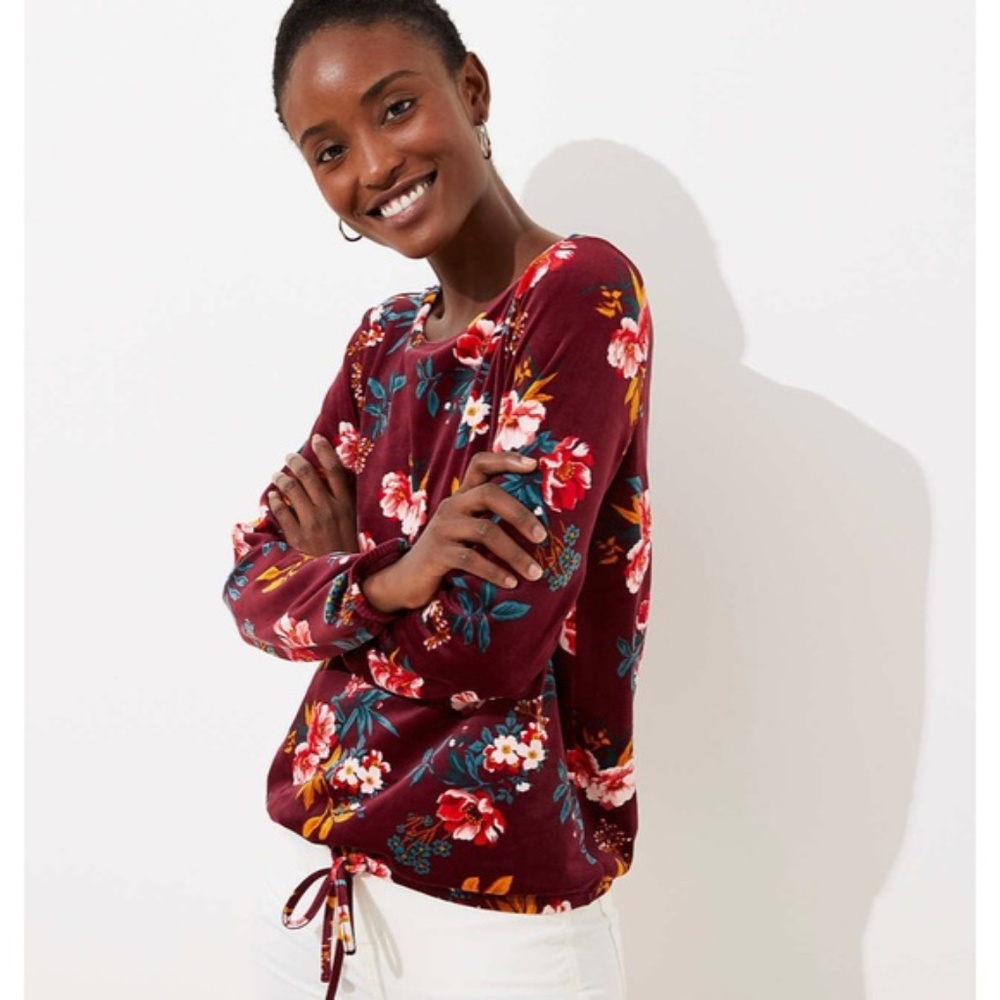 LOFT Velour Top Maroon Floral w/Drawstring Sz. S